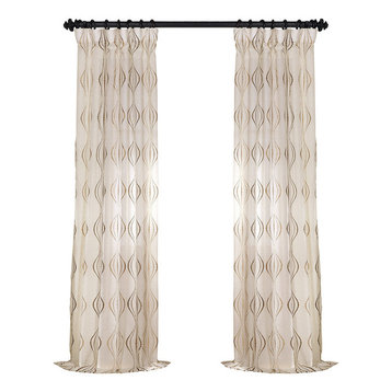 Suez Bronze Embroidered Faux Linen Sheer Curtain Single Panel, 50"x84"