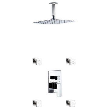 Aqua Piazza Set, 12" Ceiling Mount Square Rain Shower and 4 Body Jets, Chrome