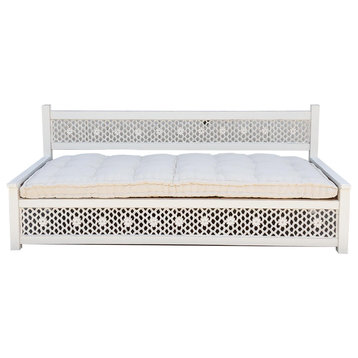 Large Hand-Carved Floral Jali White Daybed Sofa