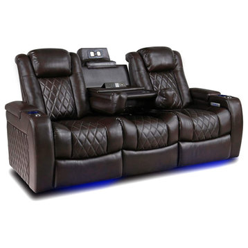 Valencia Tuscany Console Leather Home Theater Seating Power Headrest&Lumbar, Dark Chocolate, Row of 3 Dropdown Center