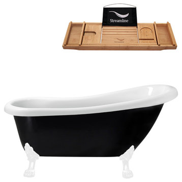 61" Black Clawfoot Tub and Tray, White Feet, Chrome Internal Drain