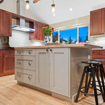 painted island with butcher block top