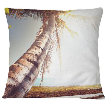 Huge Bent Coconut Tree To Beach Landscape Wall Throw Pillow, 16"x16"
