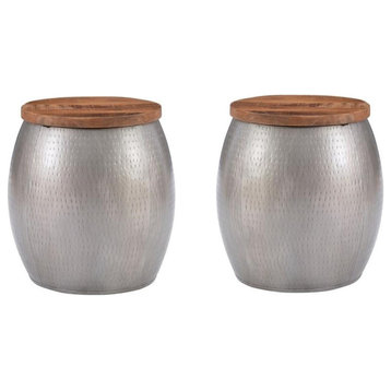 Home Square Metal and Wood Drum Side Table with Storage in Silver - Set of 2