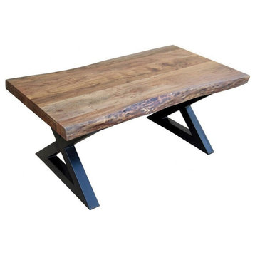 Rustic Rectangular Wooden Top Coffee Table in Black and Brown Finish Metal and