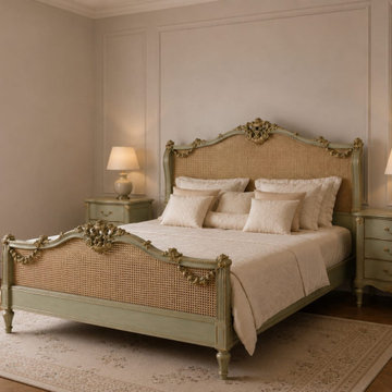 Handcrafted French Rococo Cane Bed with Ornate Carved Headboard