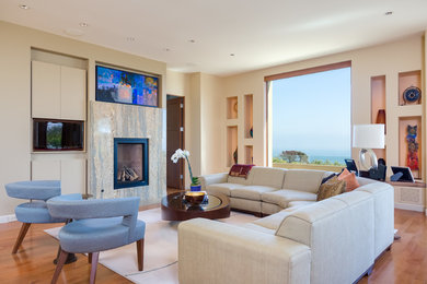 Inspiration for a mid-sized contemporary formal and open concept medium tone wood floor and brown floor living room remodel in Santa Barbara with beige walls, a standard fireplace, a stone fireplace and a media wall