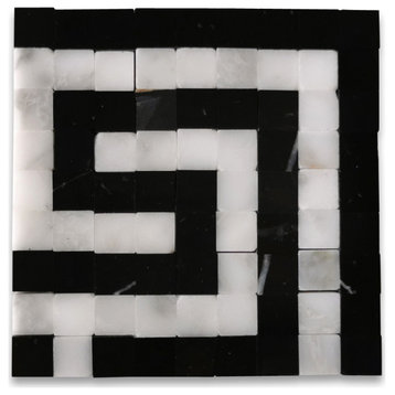 Greek Key Carrara White Black Marble Mosaic Border Corner Tile Polish, 1 piece
