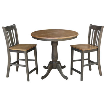 36" Round Extension Dining Table With San Remo Counter Height Stools, Hickory/Washed Coal, 3 Piece