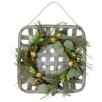 16 Autumn Harvest Green Hop and Cattail Grapevine Wreath, a Wooden Tray Hanger