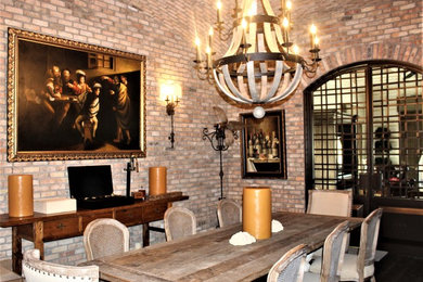 Example of a mid-sized mountain style enclosed dining room design in Miami with brown walls
