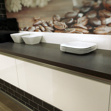 kitchen with a red island