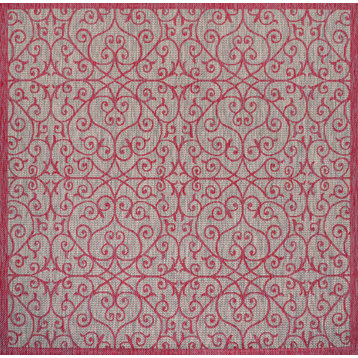 Madrid Vintage Filigree Textured Weave Indoor/Outdoor, Light Gray/Fuchsia, 5' Square