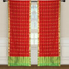 2 Lined Red Bohemian Indian Sari Curtains Rod Pocket Living Room -80W x 84L