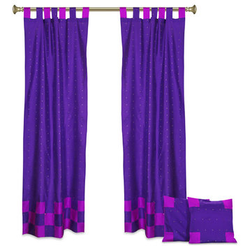 4 Pc Set Indian Sari Curtains & Cushion Covers - Boho Tab Top  - Purple 96"