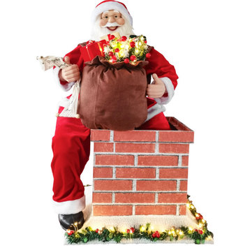 48, Life-Size Santa, Chimney With Toy Sack and Lights