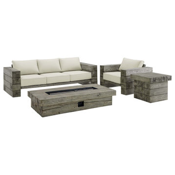 Sectional Sofa Chair Set, Sunbrella, Simulated Wood, Gray Beige, Outdoor