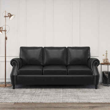 3 Seat Sofa, PU Leather Seat & Rolled Slanted Arms With Nailhead, Midnight Black