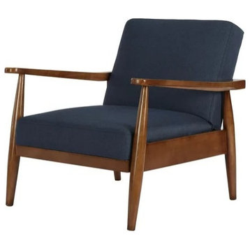 Retro Modern Accent Chair, Brown Wooden Frame and Reclining Cushioned Seat, Blue