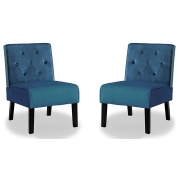 Set of 2 Accent Chair, Armless Design With Diamond Tufted Backrest, Blue Velvet