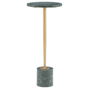 Linon Henny 10.5" Round Green Marble Drink Table in Gold Iron