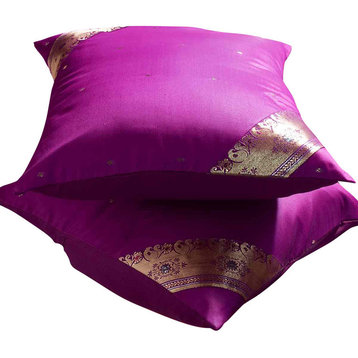 Violet red- 2  handcrafted Sari Cushion Cover, Throw Pillow Case 16" X 16"