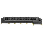 Meridian Furniture - Tremblay Modular Sectional, Grey, L-Shaped, 7-Piece: Armless (5), Corner (2) - Lean back and relax on this Tremblay sectional. Featuring soft grey velvet upholstery with deep button tufting, this sectional adds a bold touch to any living space. A complete set of gold and chrome legs are included, so you can change it up to suit your home decor. This sectional is modular, so you can create infinite configurations with it, which are easily attached using the latch underneath the frame. Its contemporary design is perfect for the modern home.