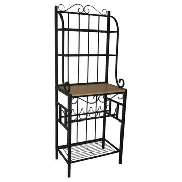Bowery Hill 4-Shelf Transitional Metal & Wood Rack with Wine Holders in Black