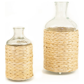 Set of Two Seagrass Wrapped Tall Vases