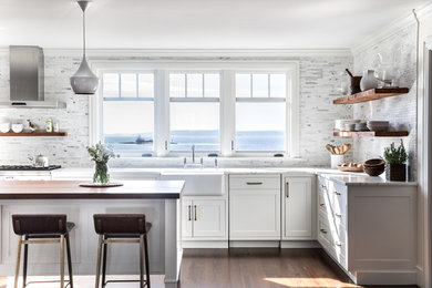 This is an example of a transitional kitchen in Portland Maine.