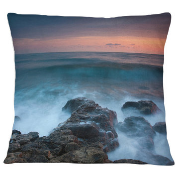 Rocky Beach and White Waves Seashore Throw Pillow, 18"x18"
