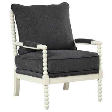 Hanako Transitional Accent Chair with Cushioned Wooden Arms, Charcoal/Off White