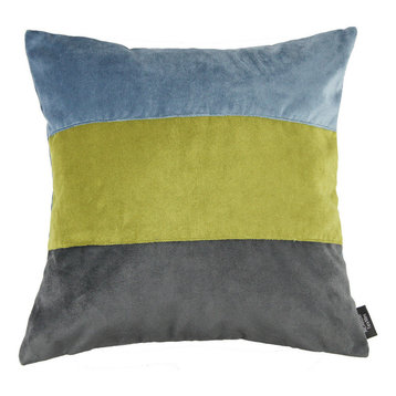 Straight Patchwork Filled Cushion, Petrol Blue, Lime and Grey, 43x43 cm
