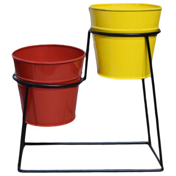 Handmade 100% Iron Round Modern Green & Yellow Coated Color Planters Pot, Red &