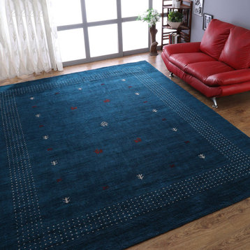 Hand Knotted Loom Wool Area Rug Contemporary Blue, [Rectangle] 8'x10'