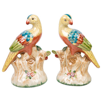 Oriental Multi Color Porcelain Pair of Bird Figurines, 7.5"