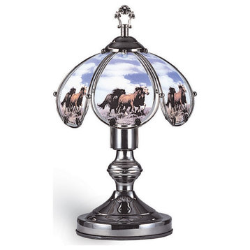 Benzara BM240856 Umbrella Shade Table Lamp With Running Horses Print, Silver
