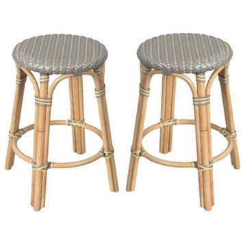 Home Square 24" Rattan Round Counter Stool in Yellow - Set of 2