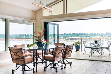 Example of a large transitional porcelain tile great room design in Seattle with beige walls