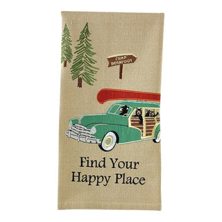 Find Your Happy Place Camp Bearfoot Embroidered Kitchen Dish Towel 28  Inches - Rustic - Bathroom Accessory Sets - by Mary B Decorative Art