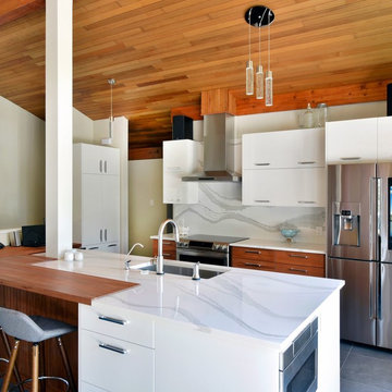 Contemporary rustic kitchen with warm woods and white