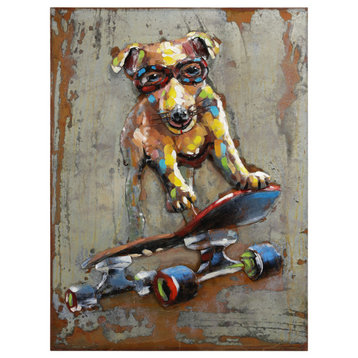 "Dog on Skateboard" Mixed Media Iron Hand Painted Dimensional Wall Art