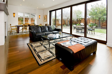 Living room - mid-sized contemporary formal and open concept medium tone wood floor living room idea in San Francisco with a standard fireplace and a stone fireplace