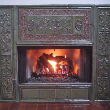 Reflection and Quies Fireplace with handmade moldings, Green Shadow Glaze