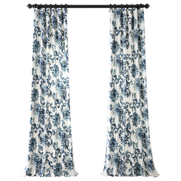 Indonesian Blue Printed Cotton Twill Curtain, 50"x96"