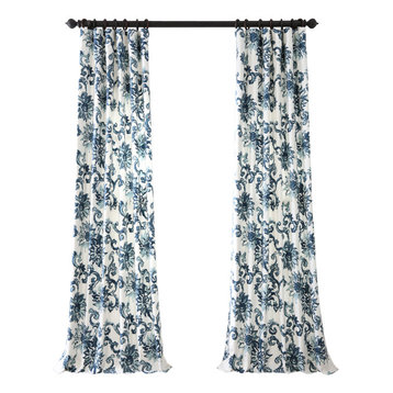 Indonesian Blue Printed Cotton Twill Curtain, 50"x96"