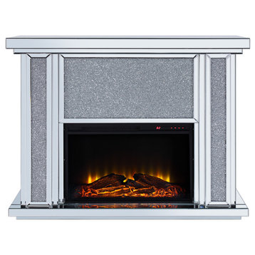 Benzara BM196009 Wood & Mirror Electric Fireplace, Crystal Dusted, Clear & Black