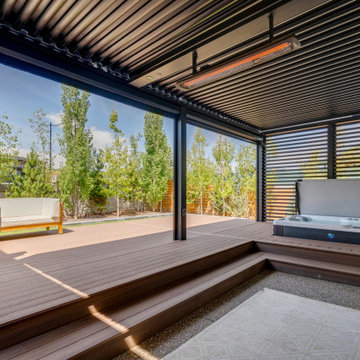 StruXure Pergola Over Hot Tub Area with Screens & Privacy Wall, Feat. Lights & H