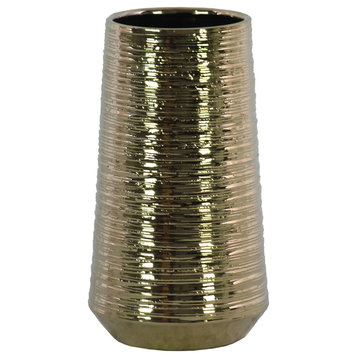 Ceramic Round Vase With Combed Design Body, Electroplated Gold, Large