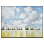 Elk Home - Treeline Framed Wall Art - Treeline presents an image of an open landscape bordered by a trees under a bright, summer sky. This appealing piece of wall art features hand-painted acrylic on canvas with a floating champagne finish frame. This picture is an excellent choice for bringing color to the modern farmhouse aesthetic.